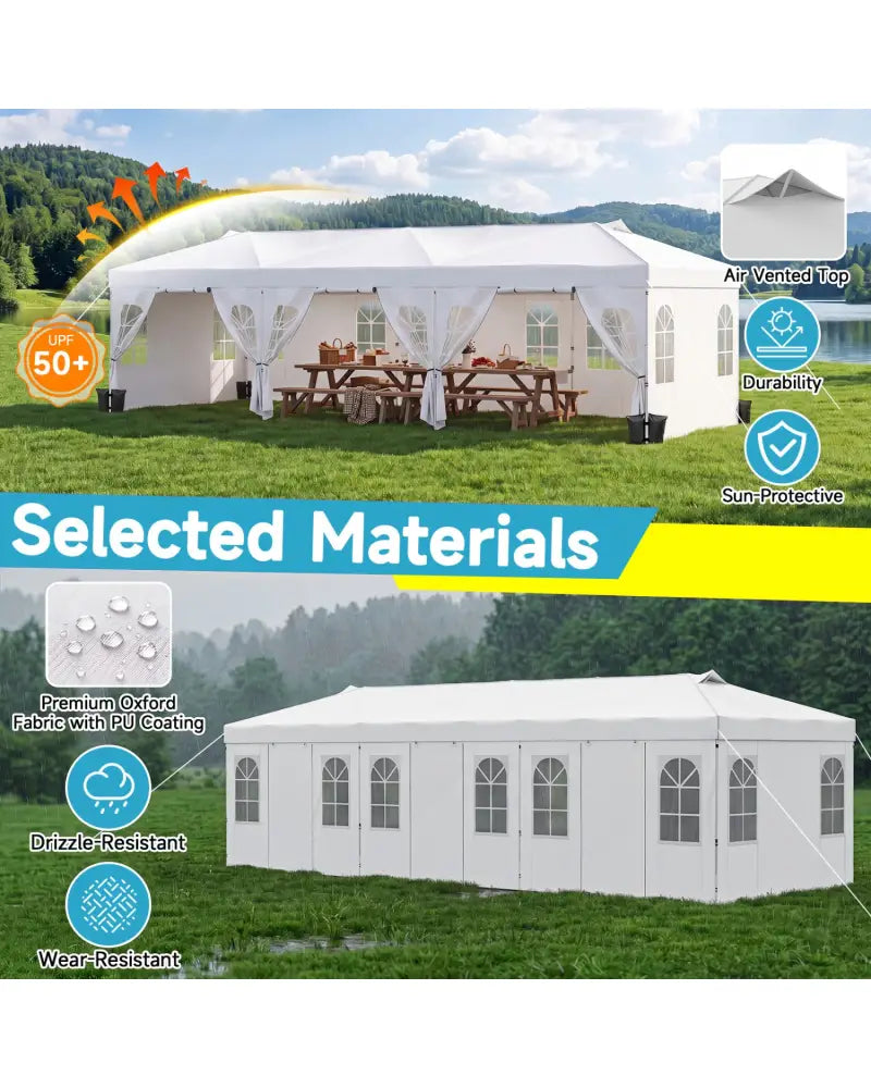10 x 30 FT Pop Up Canopy Tent with 8 Sidewalls and Adjustable Height-White - White - Canopies