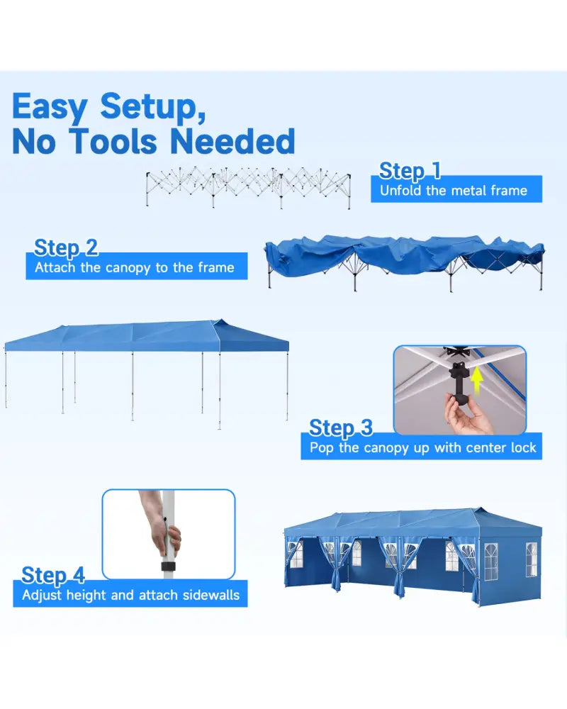 10 x 30 FT Pop Up Canopy Tent with 8 Sidewalls and Adjustable Height-Blue - Blue - Canopies