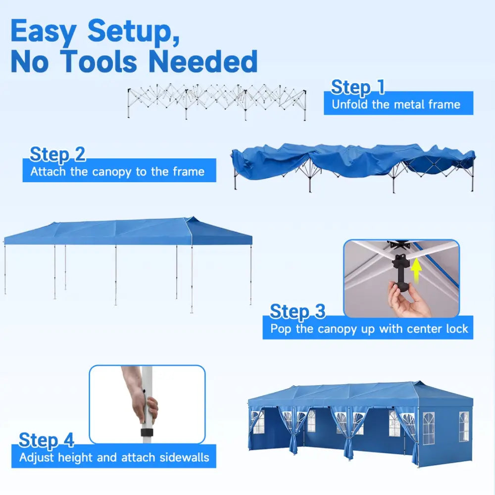 10 x 30 FT Pop Up Canopy Tent with 8 Sidewalls and Adjustable Height-Blue - Blue - Canopies