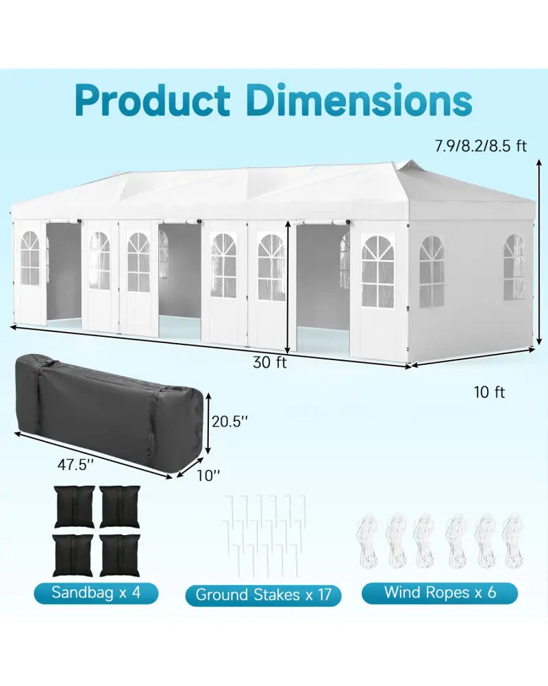 10 x 30 FT Pop Up Canopy Tent with 8 Sidewalls and Adjustable Height-White - White - Canopies