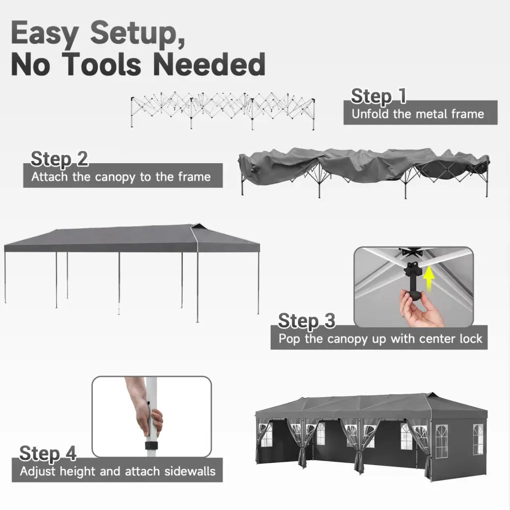 10 x 30 FT Pop Up Canopy Tent with 8 Sidewalls and Adjustable Height-Gray - Gray - Canopies