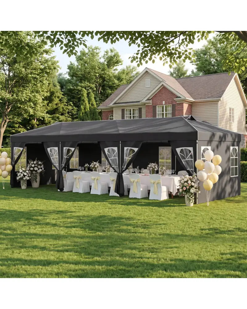 10 x 30 FT Pop Up Canopy Tent with 8 Sidewalls and Adjustable Height-Black - Black - Canopies