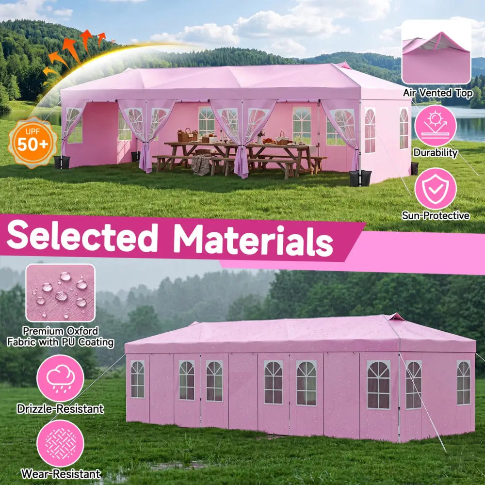 10 x 30 FT Pop Up Canopy Tent with 8 Sidewalls and Adjustable Height-Pink - Pink - Canopies