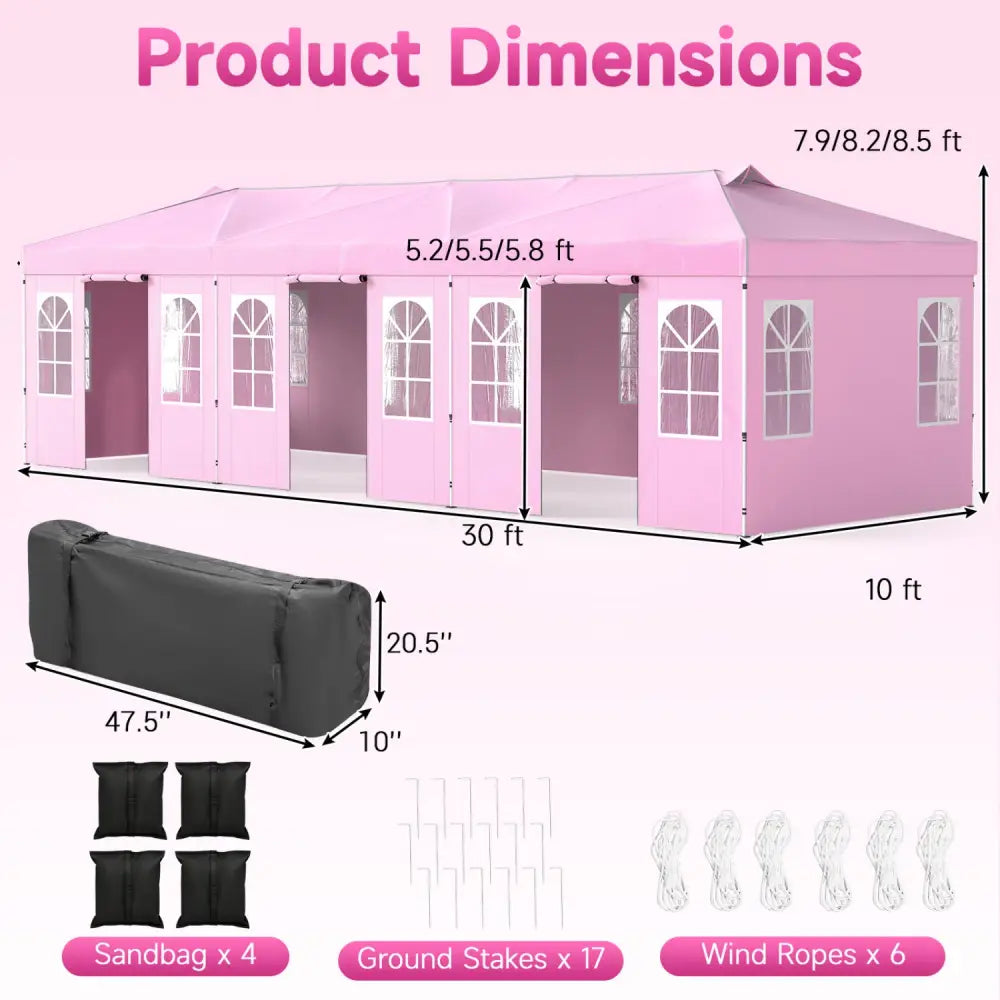 10 x 30 FT Pop Up Canopy Tent with 8 Sidewalls and Adjustable Height-Pink - Pink - Canopies