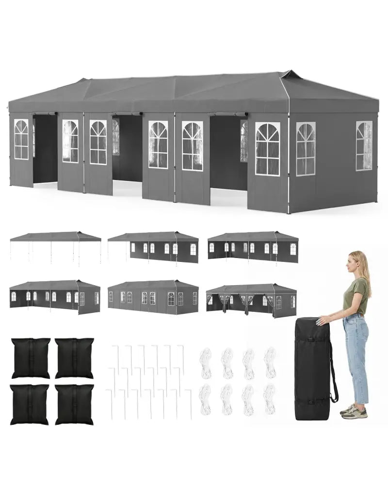 10 x 30 FT Pop Up Canopy Tent with 8 Sidewalls and Adjustable Height-Gray - Gray - Canopies
