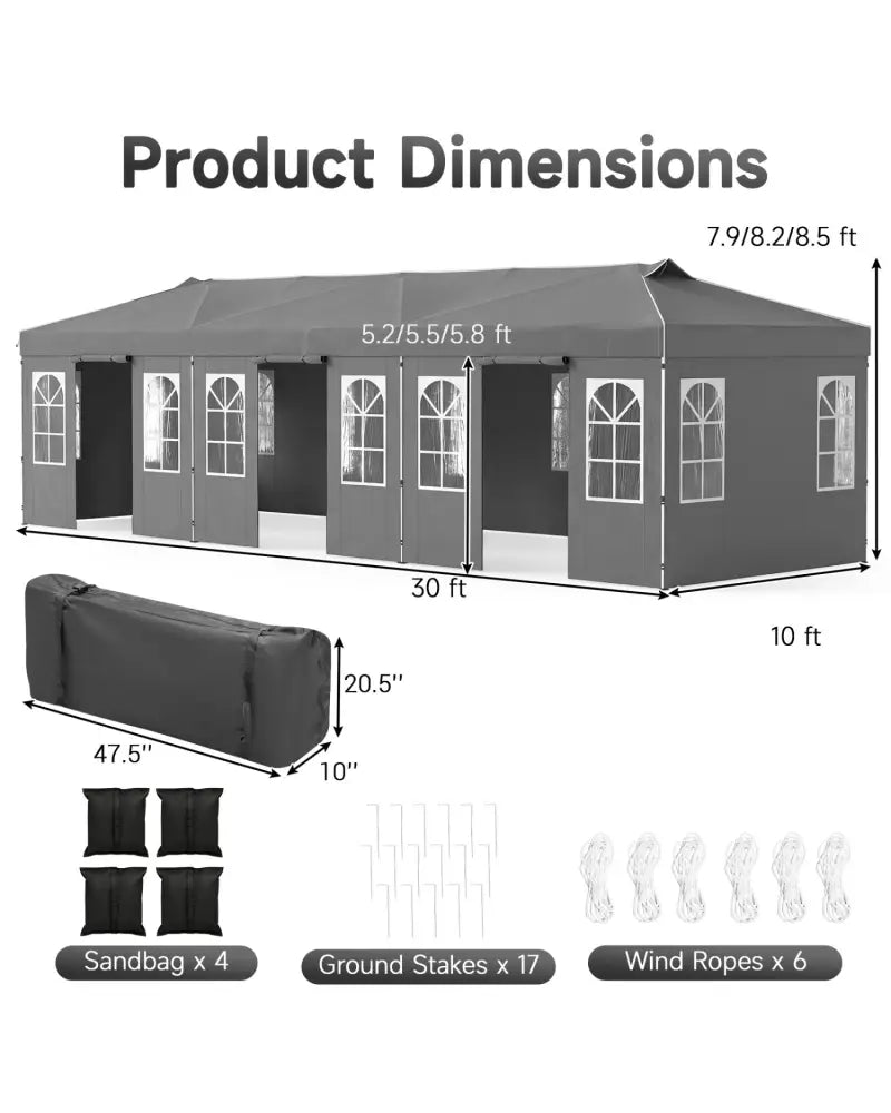 10 x 30 FT Pop Up Canopy Tent with 8 Sidewalls and Adjustable Height-Gray - Gray - Canopies