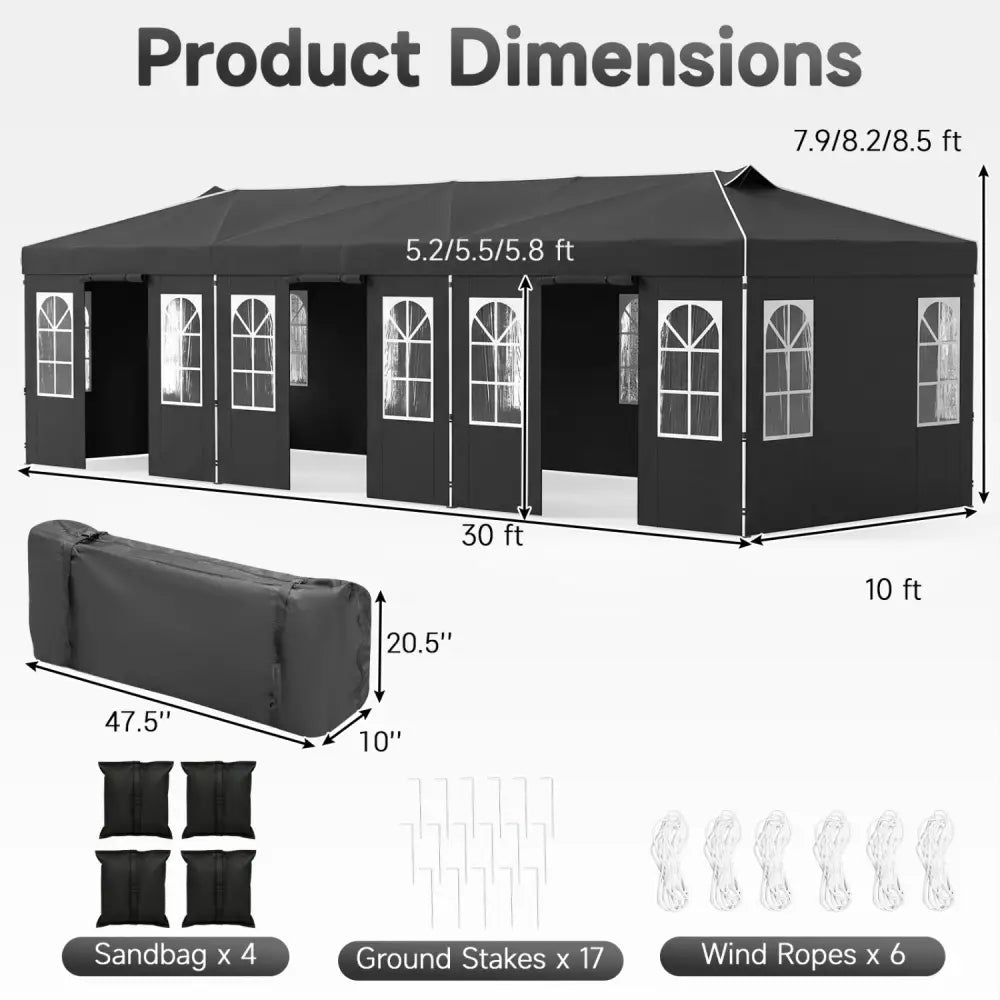 10 x 30 FT Pop Up Canopy Tent with 8 Sidewalls and Adjustable Height-Black - Black - Canopies