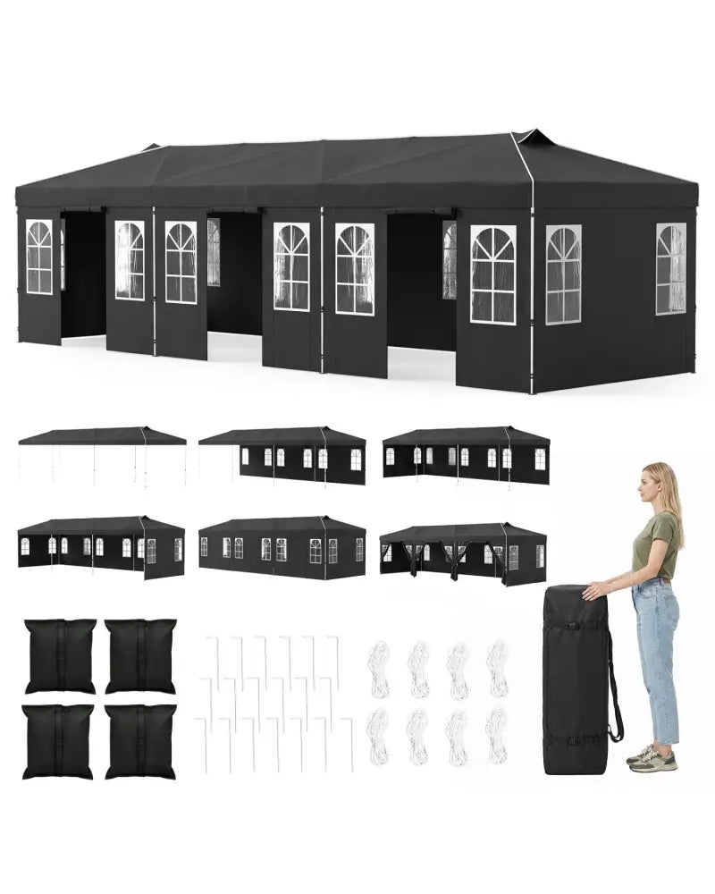 10 x 30 FT Pop Up Canopy Tent with 8 Sidewalls and Adjustable Height-Black - Black - Canopies