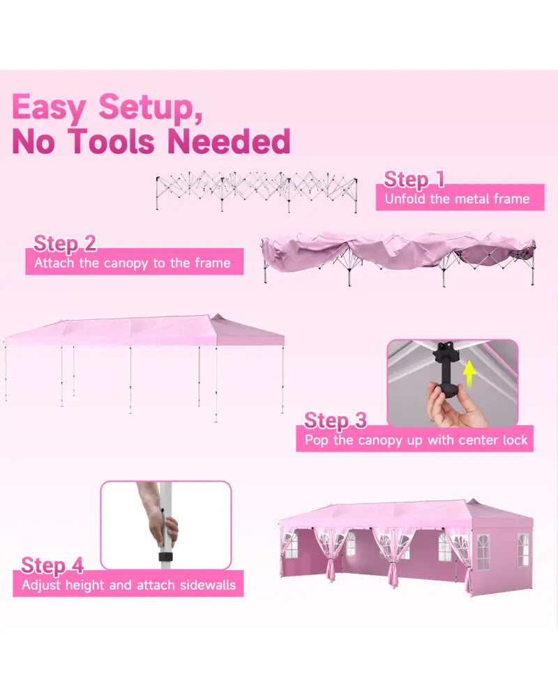 10 x 30 FT Pop Up Canopy Tent with 8 Sidewalls and Adjustable Height-Pink - Pink - Canopies