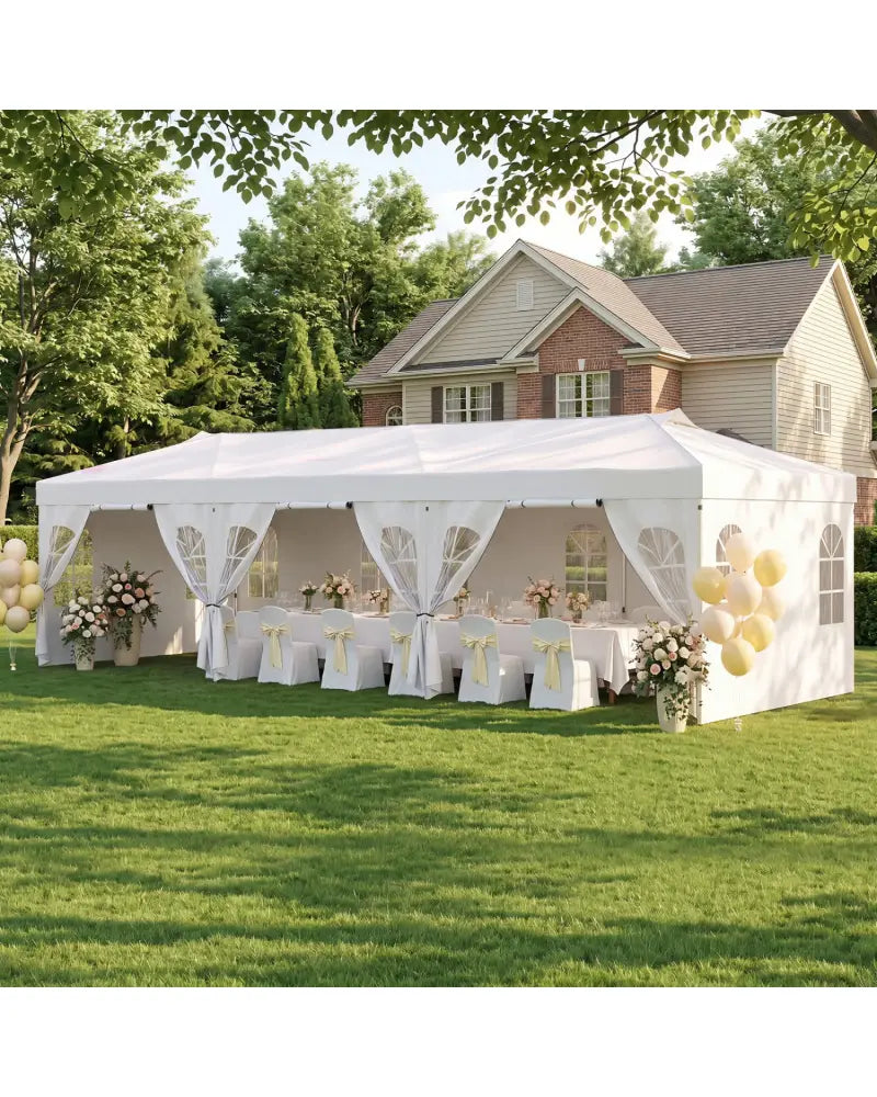 10 x 30 FT Pop Up Canopy Tent with 8 Sidewalls and Adjustable Height-White - White - Canopies
