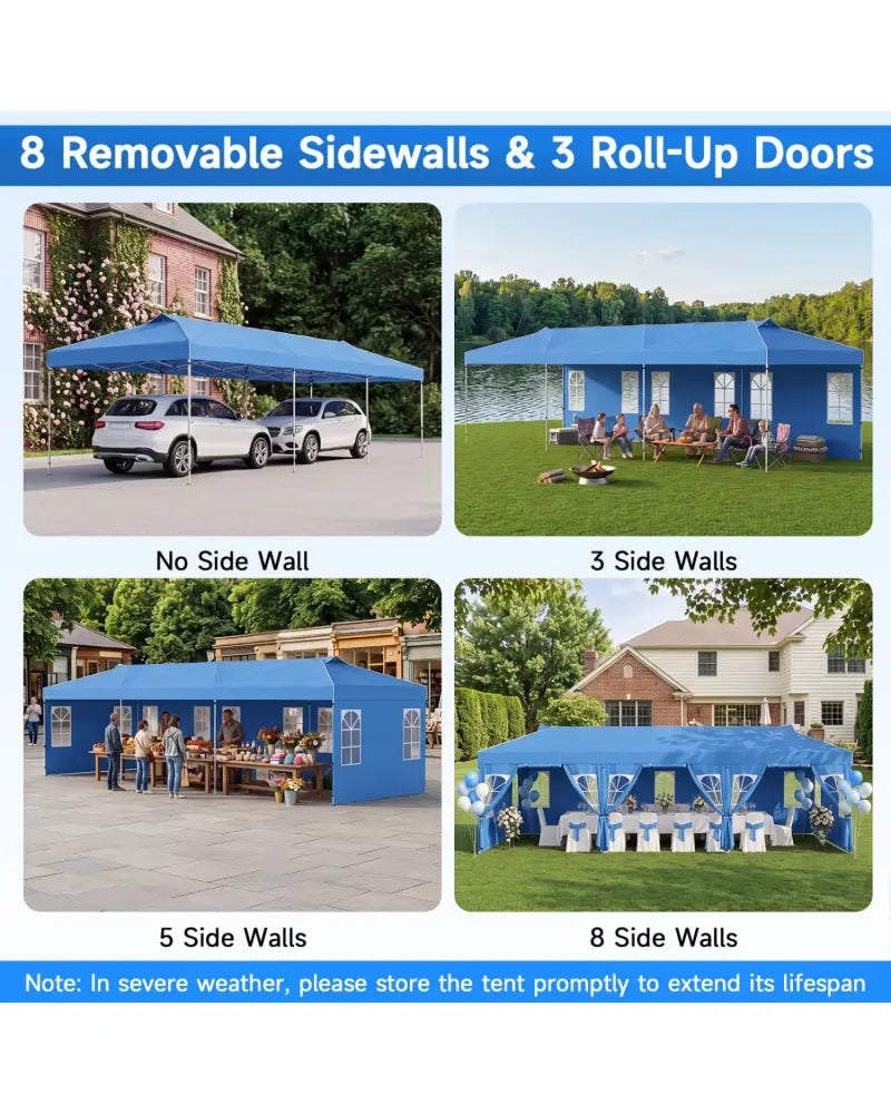 10 x 30 FT Pop Up Canopy Tent with 8 Sidewalls and Adjustable Height-Blue - Blue - Canopies