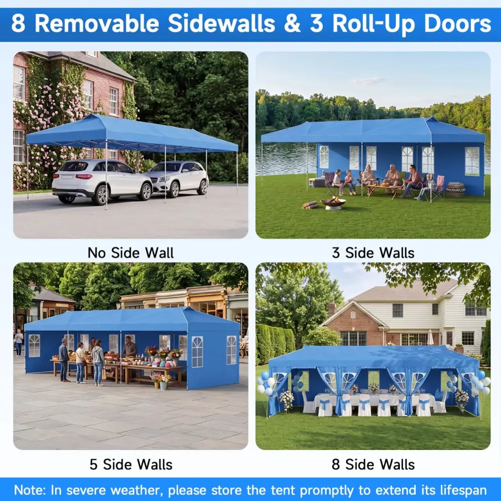 10 x 30 FT Pop Up Canopy Tent with 8 Sidewalls and Adjustable Height-Blue - Blue - Canopies