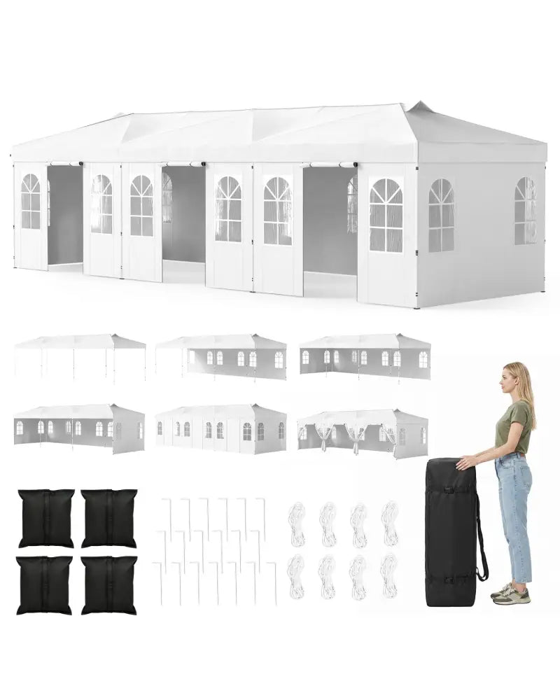 10 x 30 FT Pop Up Canopy Tent with 8 Sidewalls and Adjustable Height-White - White - Canopies