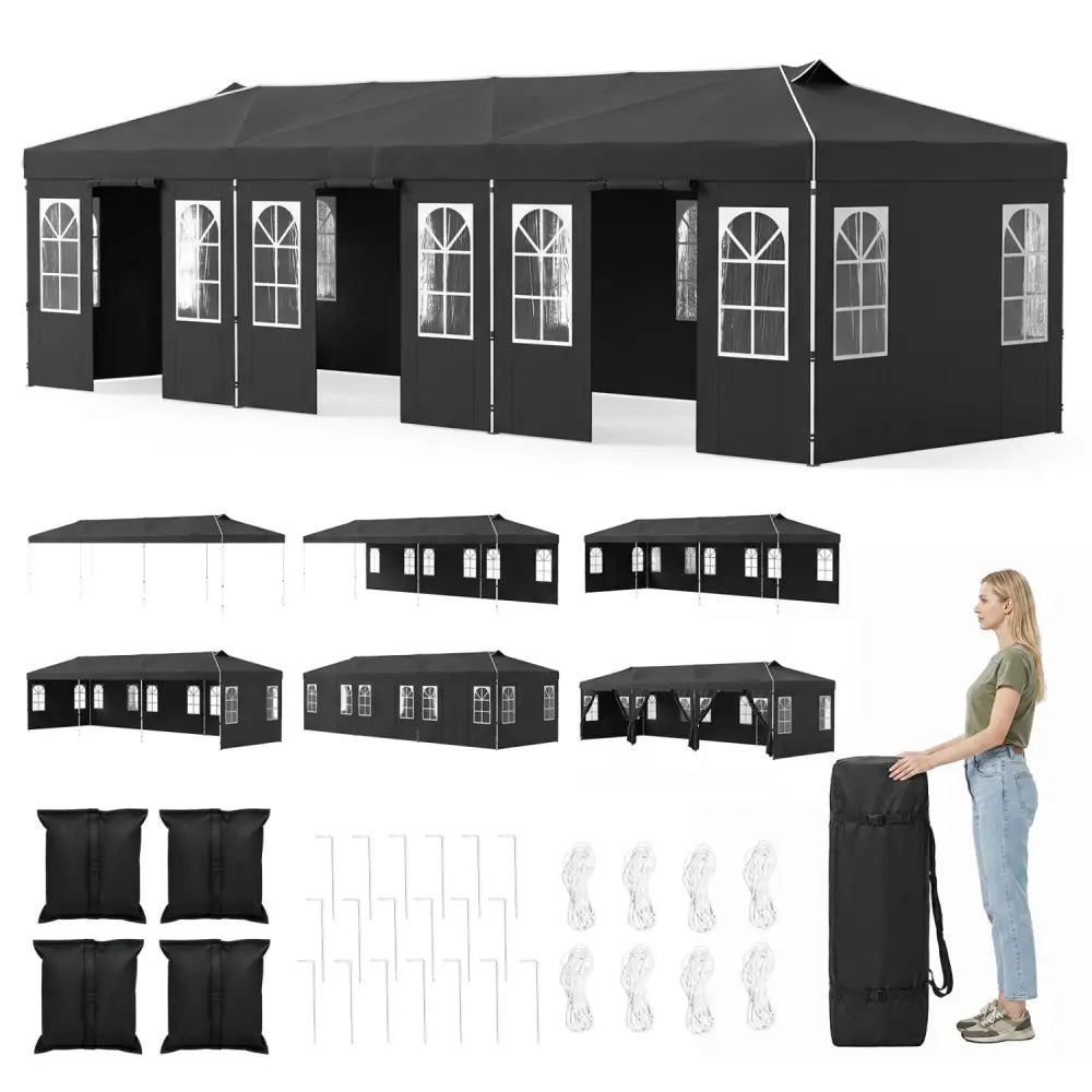10 x 30 FT Pop Up Canopy Tent with 8 Sidewalls and Adjustable Height-Black - Black - Canopies