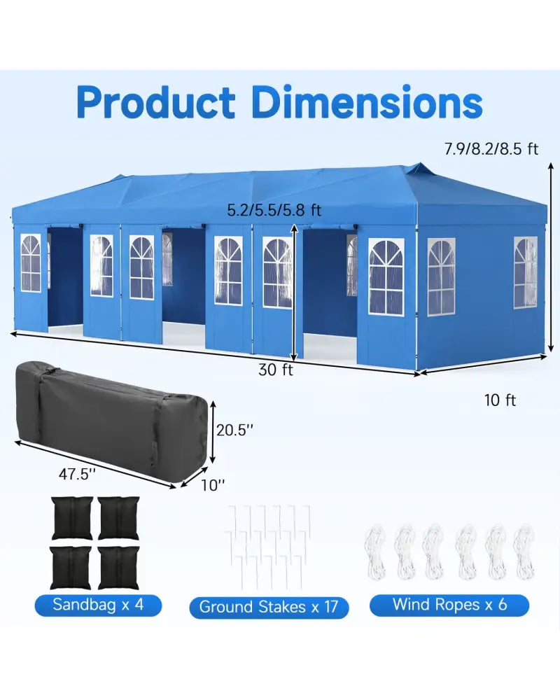 10 x 30 FT Pop Up Canopy Tent with 8 Sidewalls and Adjustable Height-Blue - Blue - Canopies