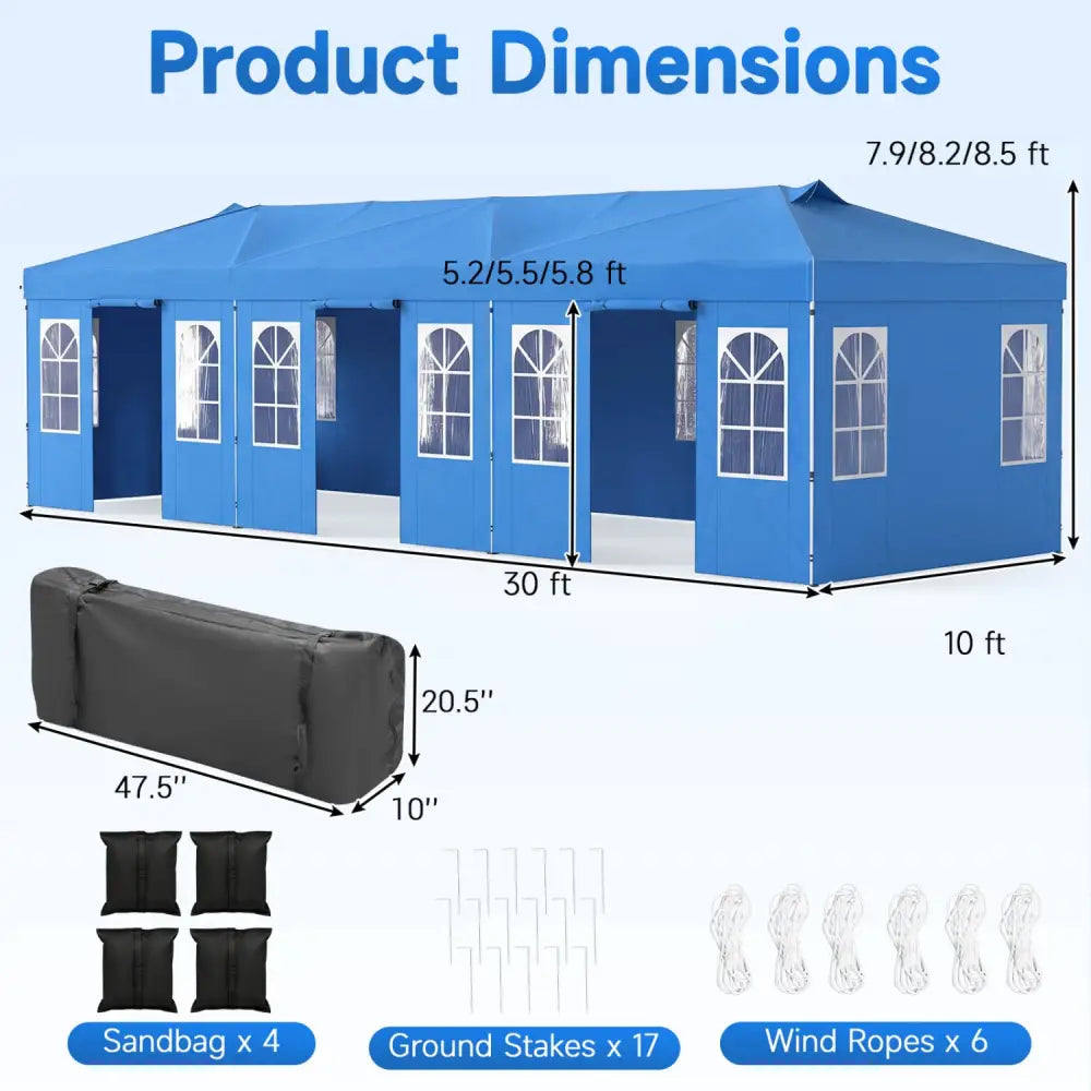 10 x 30 FT Pop Up Canopy Tent with 8 Sidewalls and Adjustable Height-Blue - Blue - Canopies