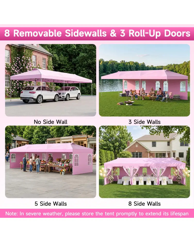10 x 30 FT Pop Up Canopy Tent with 8 Sidewalls and Adjustable Height-Pink - Pink - Canopies