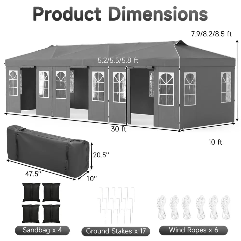10 x 30 FT Pop Up Canopy Tent with 8 Sidewalls and Adjustable Height-Gray - Gray - Canopies