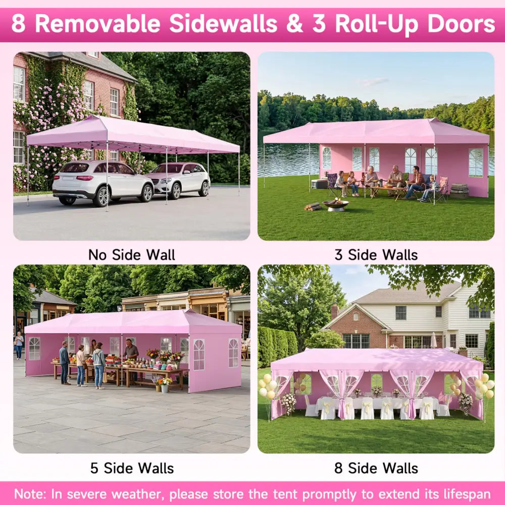 10 x 30 FT Pop Up Canopy Tent with 8 Sidewalls and Adjustable Height-Pink - Pink - Canopies