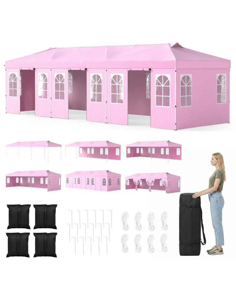 10 x 30 FT Pop Up Canopy Tent with 8 Sidewalls and Adjustable Height-Pink - Pink - Canopies