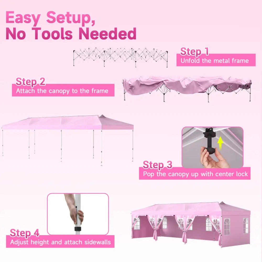 10 x 30 FT Pop Up Canopy Tent with 8 Sidewalls and Adjustable Height-Pink - Pink - Canopies
