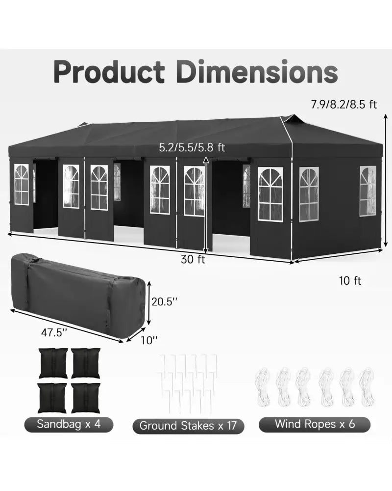 10 x 30 FT Pop Up Canopy Tent with 8 Sidewalls and Adjustable Height-Black - Black - Canopies