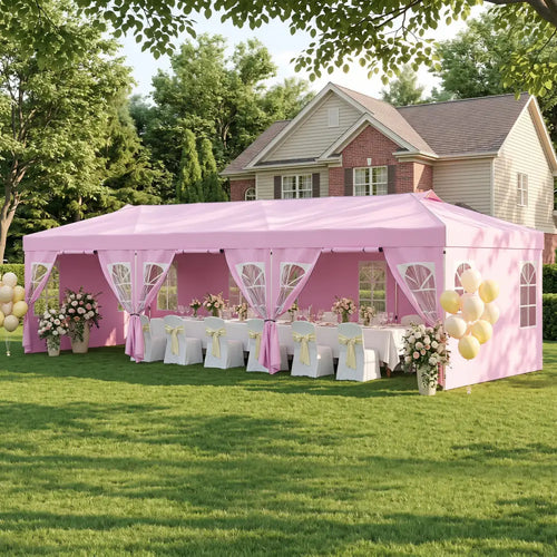 10 x 30 FT Pop Up Canopy Tent with 8 Sidewalls and Adjustable Height-Pink - Pink - Canopies