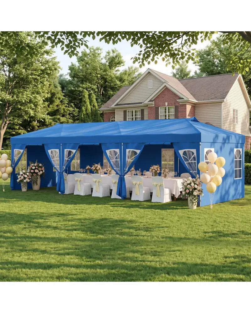 10 x 30 FT Pop Up Canopy Tent with 8 Sidewalls and Adjustable Height-Blue - Blue - Canopies
