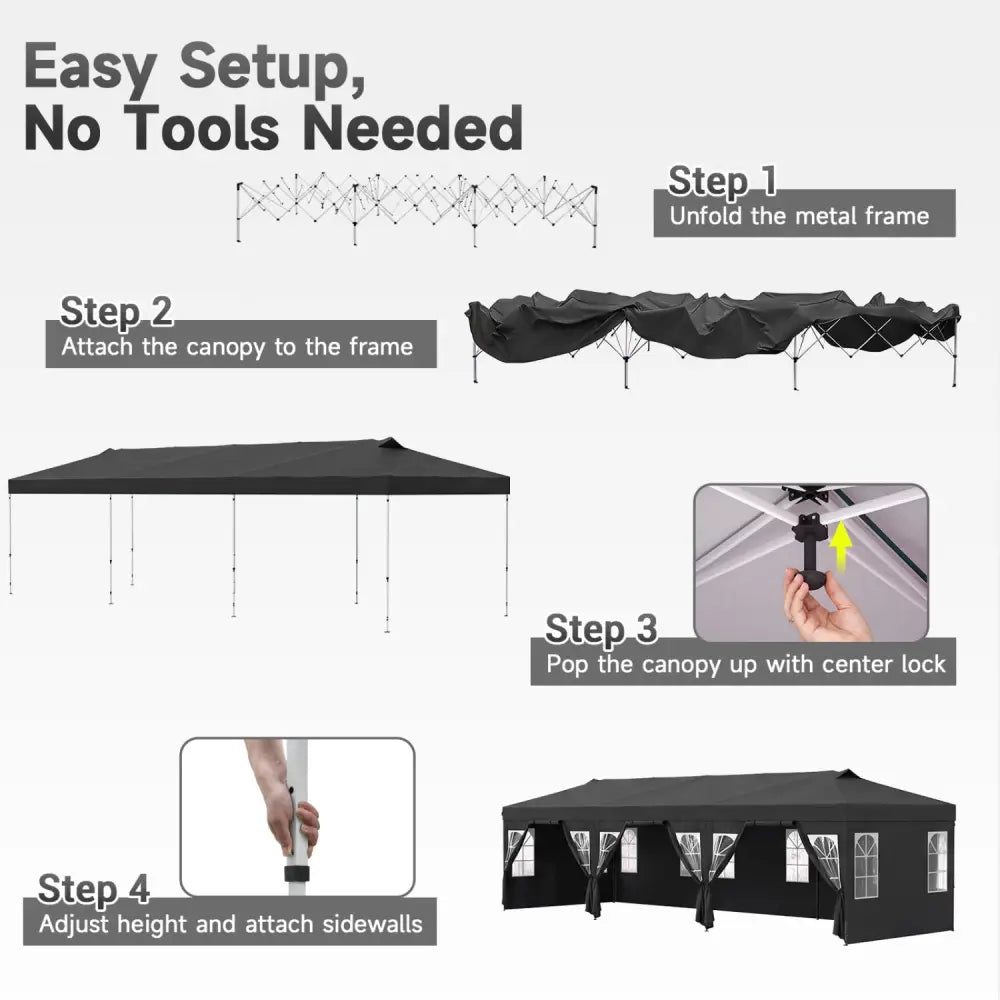 10 x 30 FT Pop Up Canopy Tent with 8 Sidewalls and Adjustable Height-Black - Black - Canopies