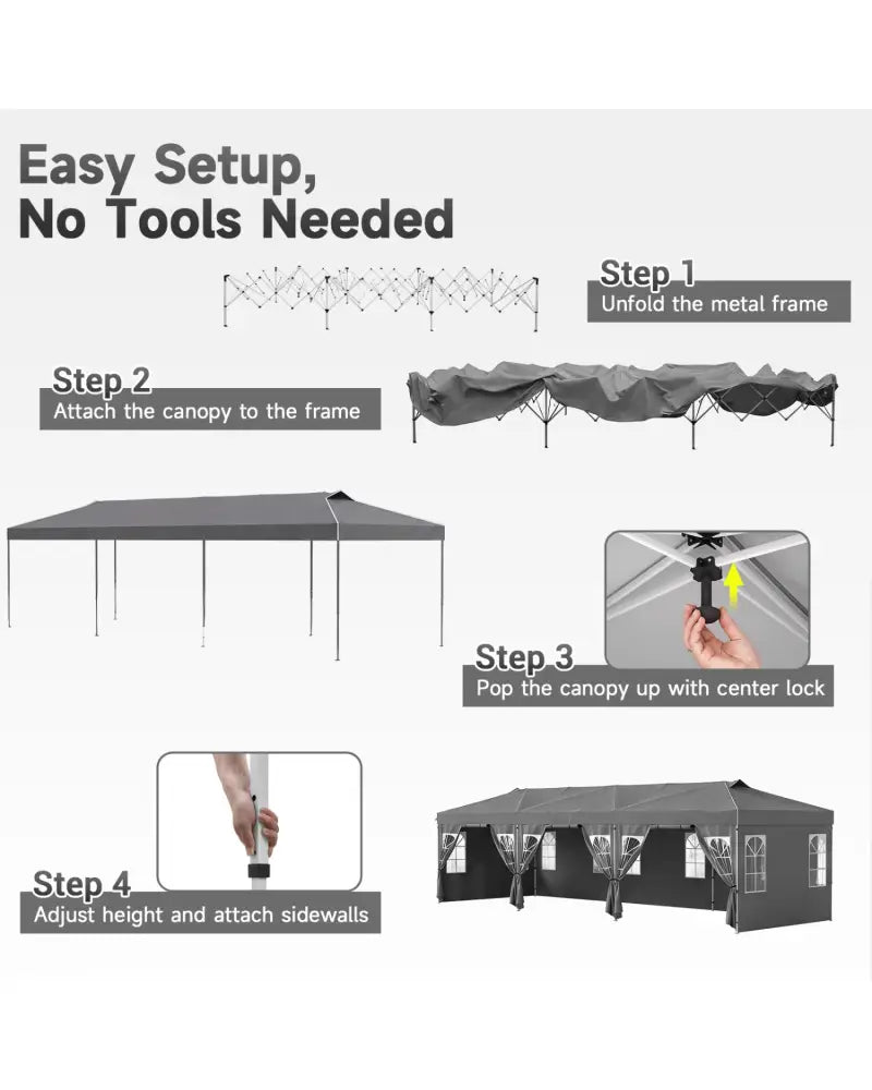 10 x 30 FT Pop Up Canopy Tent with 8 Sidewalls and Adjustable Height-Gray - Gray - Canopies