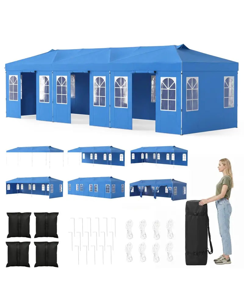 10 x 30 FT Pop Up Canopy Tent with 8 Sidewalls and Adjustable Height-Blue - Blue - Canopies