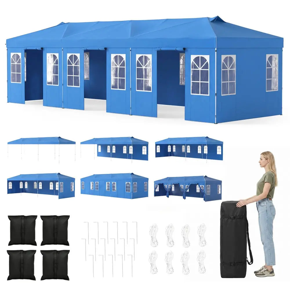 10 x 30 FT Pop Up Canopy Tent with 8 Sidewalls and Adjustable Height-Blue - Blue - Canopies