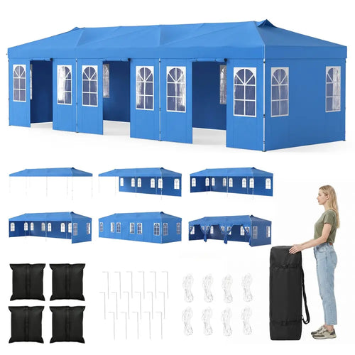 10 x 30 FT Pop Up Canopy Tent with 8 Sidewalls and Adjustable Height-Blue - Blue - Canopies