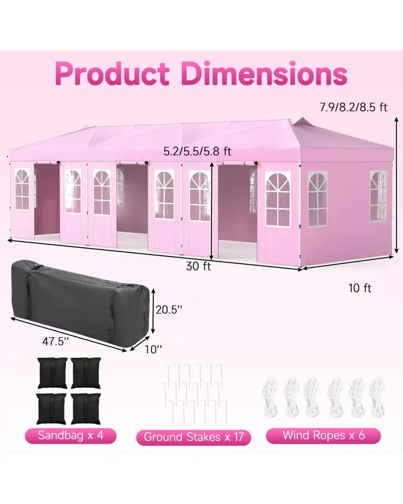 10 x 30 FT Pop Up Canopy Tent with 8 Sidewalls and Adjustable Height-Pink - Pink - Canopies