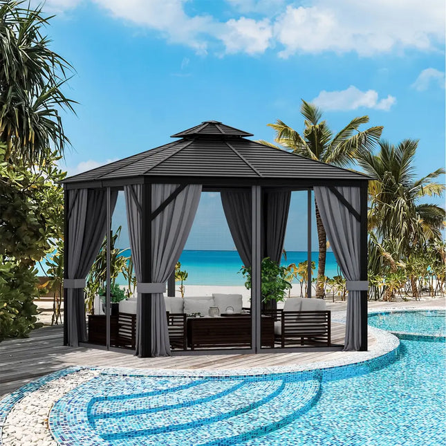 10 x 10 Feet Double-Top Hardtop Gazebo with Galvanized Steel Roof-Gray - Gray - Outdoor Shades