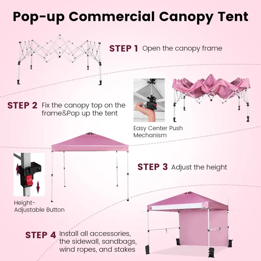 10 x 10 Feet Foldable Commercial Pop-up Canopy with Roller Bag and Banner Strip-Pink - Pink - Canopies