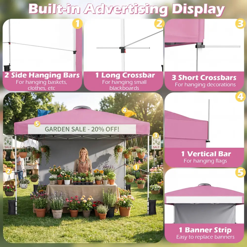 10 x 10 Feet Foldable Commercial Pop-up Canopy with Roller Bag and Banner Strip-Pink - Pink - Canopies