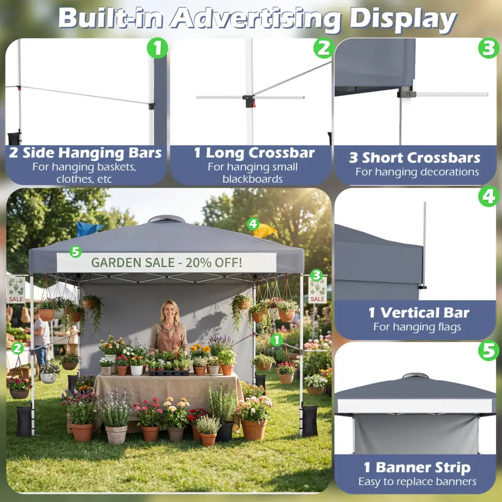 10 x 10 Feet Foldable Commercial Pop-up Canopy with Roller Bag and Banner Strip-Gray - Gray - Canopies