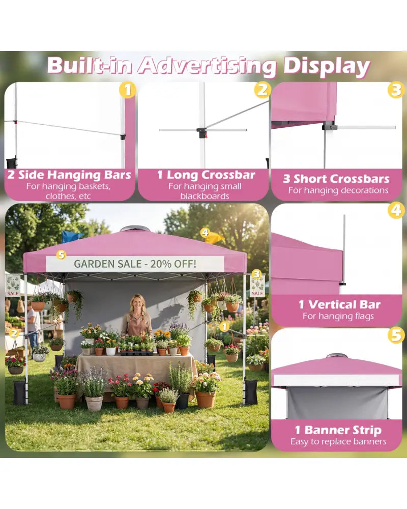 10 x 10 Feet Foldable Commercial Pop-up Canopy with Roller Bag and Banner Strip-Pink - Pink - Canopies