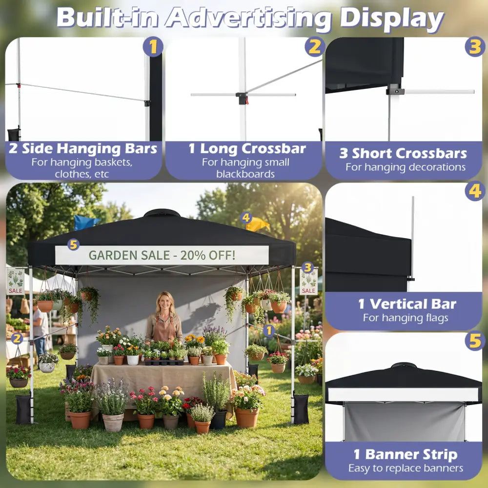 10 x 10 Feet Foldable Commercial Pop-up Canopy with Roller Bag and Banner Strip-Black - Black - Canopies