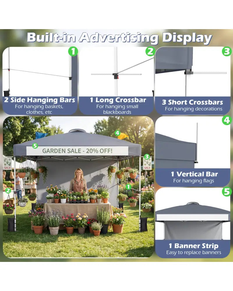 10 x 10 Feet Foldable Commercial Pop-up Canopy with Roller Bag and Banner Strip-Gray - Gray - Canopies