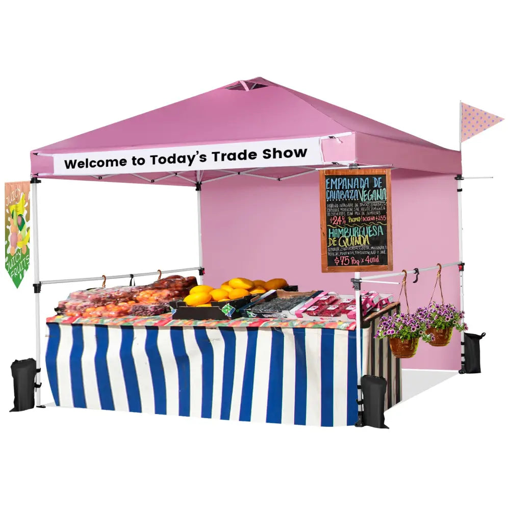 10 x 10 Feet Foldable Commercial Pop-up Canopy with Roller Bag and Banner Strip-Pink - Pink - Canopies