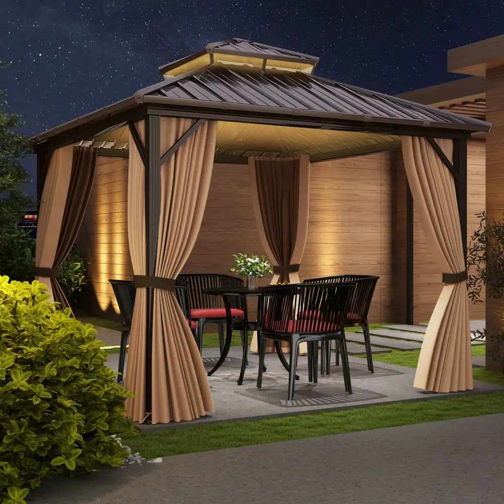 10 x 10 Feet Hardtop Gazebo with Netting and Curtain and Double-Roof Galvanized Metal Top - Coffee - Gazebos