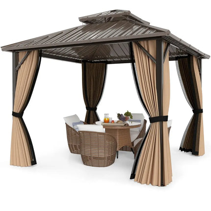 10 x 10 Feet Hardtop Gazebo with Netting and Curtain and Double-Roof Galvanized Metal Top - Coffee - Gazebos