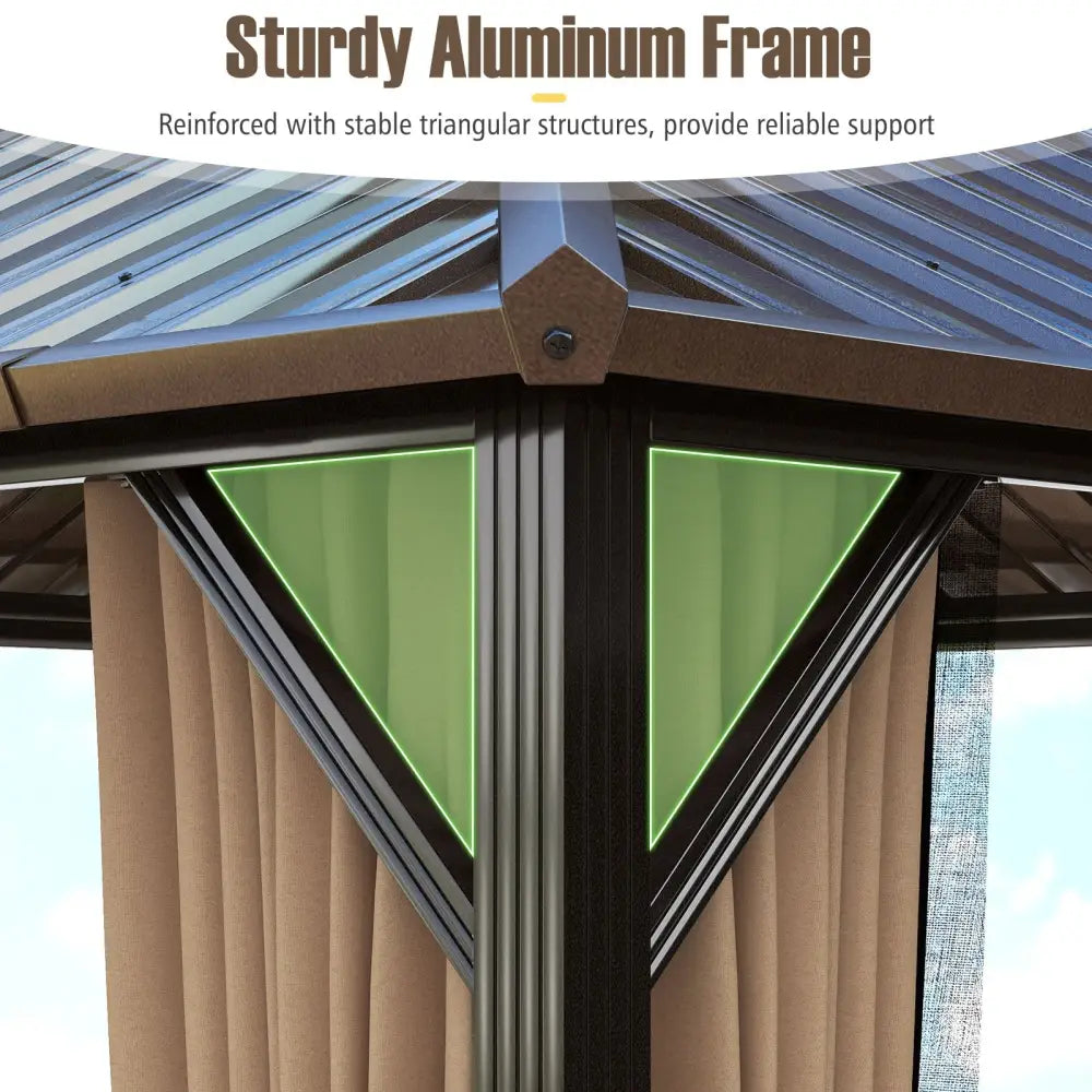 10 x 10 Feet Hardtop Gazebo with Netting and Curtain and Double-Roof Galvanized Metal Top - Coffee - Gazebos