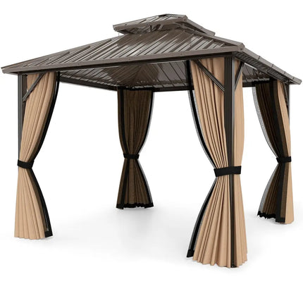 10 x 10 Feet Hardtop Gazebo with Netting and Curtain and Double-Roof Galvanized Metal Top - Coffee - Gazebos