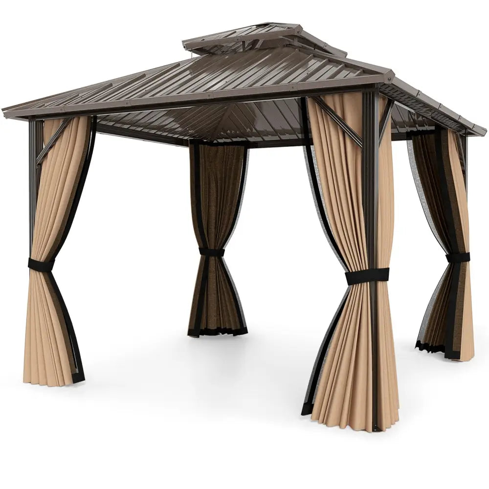 10 x 10 Feet Hardtop Gazebo with Netting and Curtain and Double-Roof Galvanized Metal Top - Coffee - Gazebos