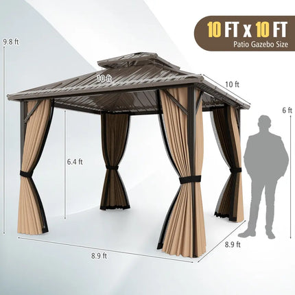 10 x 10 Feet Hardtop Gazebo with Netting and Curtain and Double-Roof Galvanized Metal Top - Coffee - Gazebos