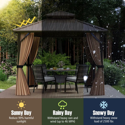 10 x 10 Feet Hardtop Gazebo with Netting and Curtain and Double-Roof Galvanized Metal Top - Coffee - Gazebos