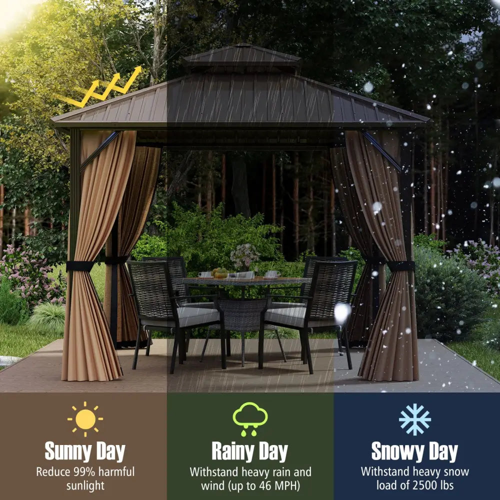 10 x 10 Feet Hardtop Gazebo with Netting and Curtain and Double-Roof Galvanized Metal Top - Coffee - Gazebos